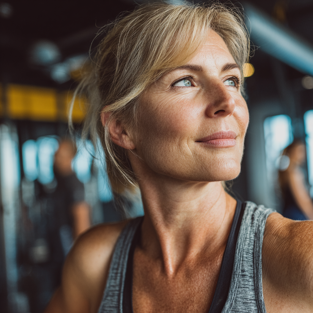 Middle-aged woman showing improved posture and confidence after fitness training program